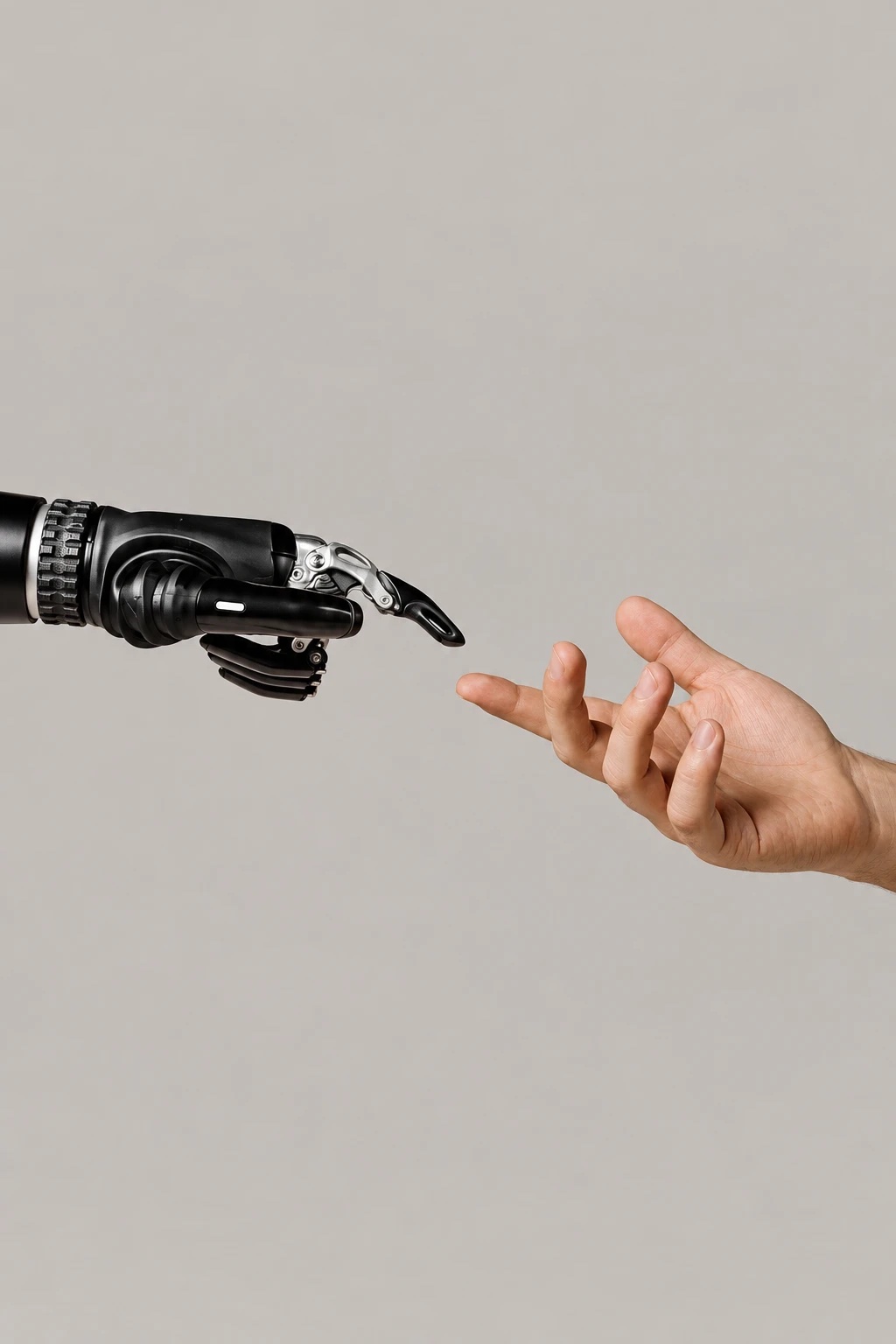 A robotic hand reaching toward a human hand