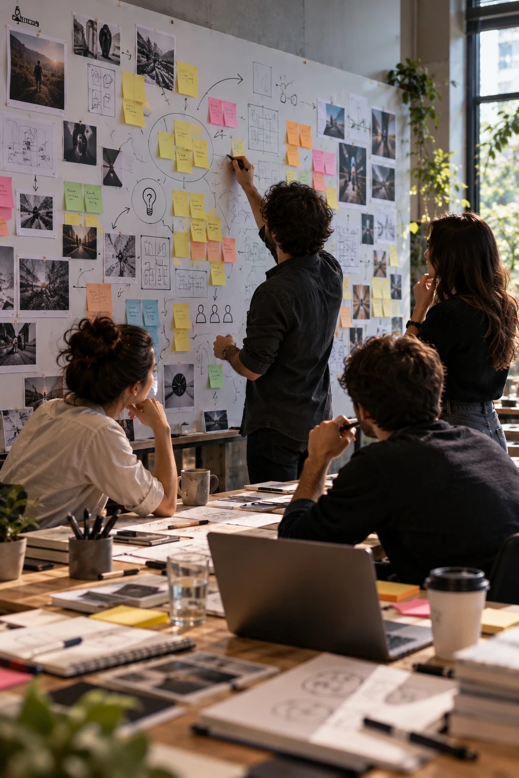 A team mapping ideas on a wall of sketches, photos and sticky notes
