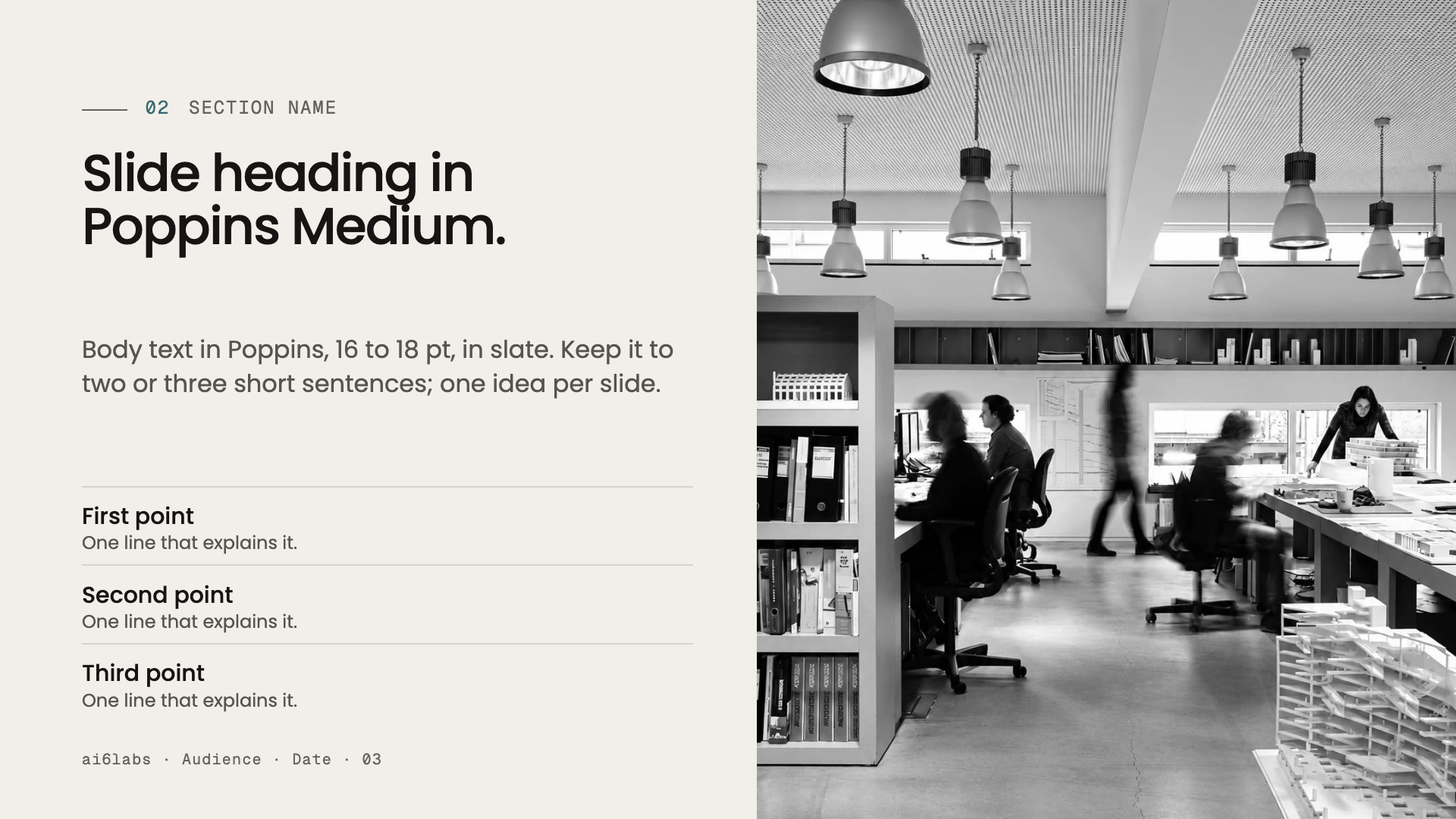 Content slide: heading, text and a list on the left, photo on the right