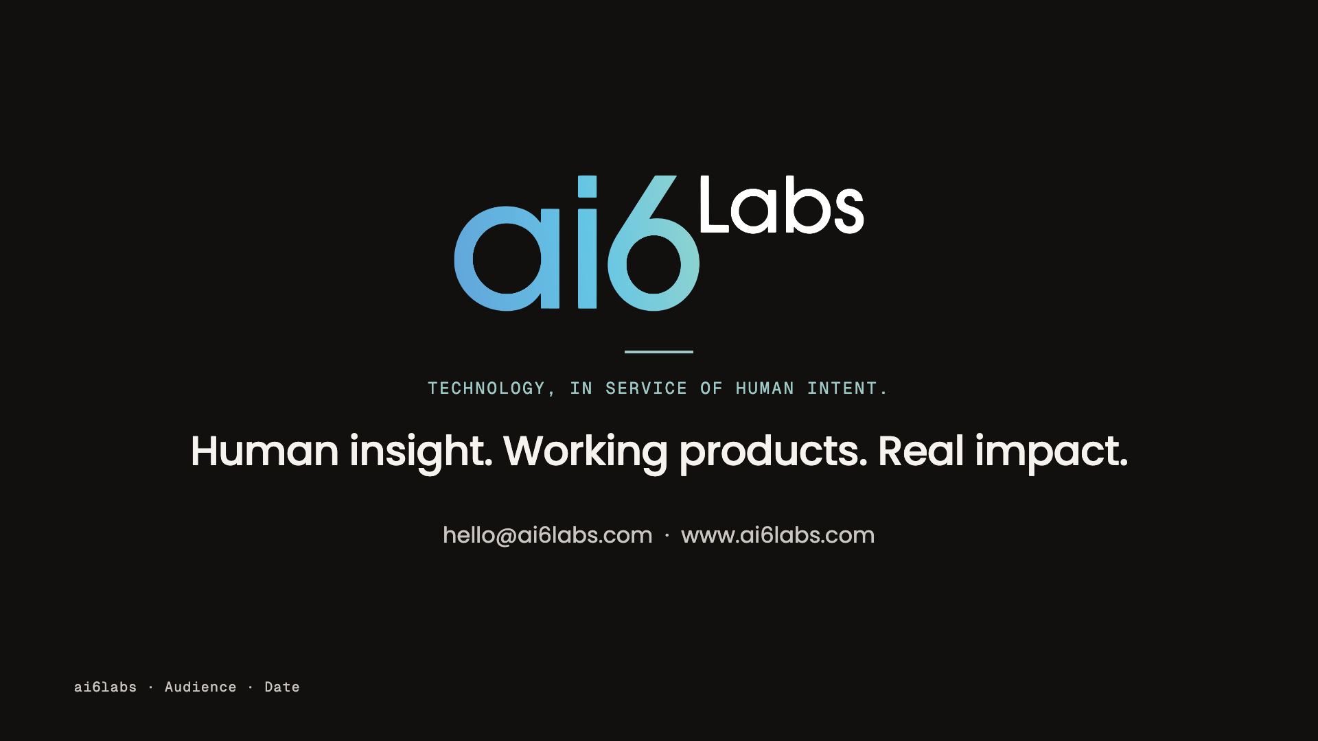 Closing slide: dark, centred logo, closing line and contact